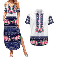 Navy Romanian National Costume Couples Matching Summer Maxi Dress and Hawaiian Shirt Peony Flowers Traditional Folk Pattern - Wonder Print Shop