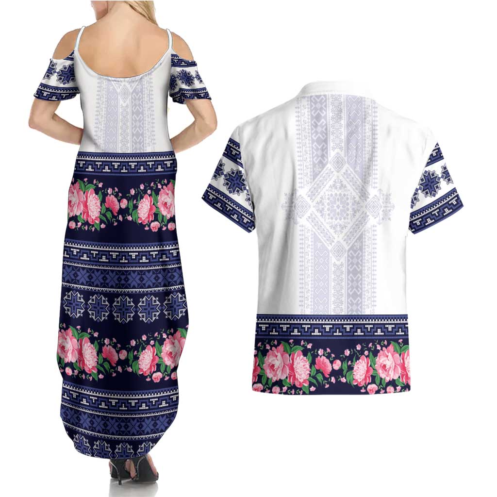 Navy Romanian National Costume Couples Matching Summer Maxi Dress and Hawaiian Shirt Peony Flowers Traditional Folk Pattern - Wonder Print Shop