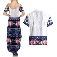 Navy Romanian National Costume Couples Matching Summer Maxi Dress and Hawaiian Shirt Peony Flowers Traditional Folk Pattern - Wonder Print Shop