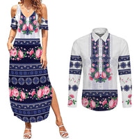 Navy Romanian National Costume Couples Matching Summer Maxi Dress and Long Sleeve Button Shirt Peony Flowers Traditional Folk Pattern - Wonder Print Shop