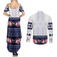 Navy Romanian National Costume Couples Matching Summer Maxi Dress and Long Sleeve Button Shirt Peony Flowers Traditional Folk Pattern - Wonder Print Shop