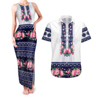 Navy Romanian National Costume Couples Matching Tank Maxi Dress and Hawaiian Shirt Peony Flowers Traditional Folk Pattern - Wonder Print Shop