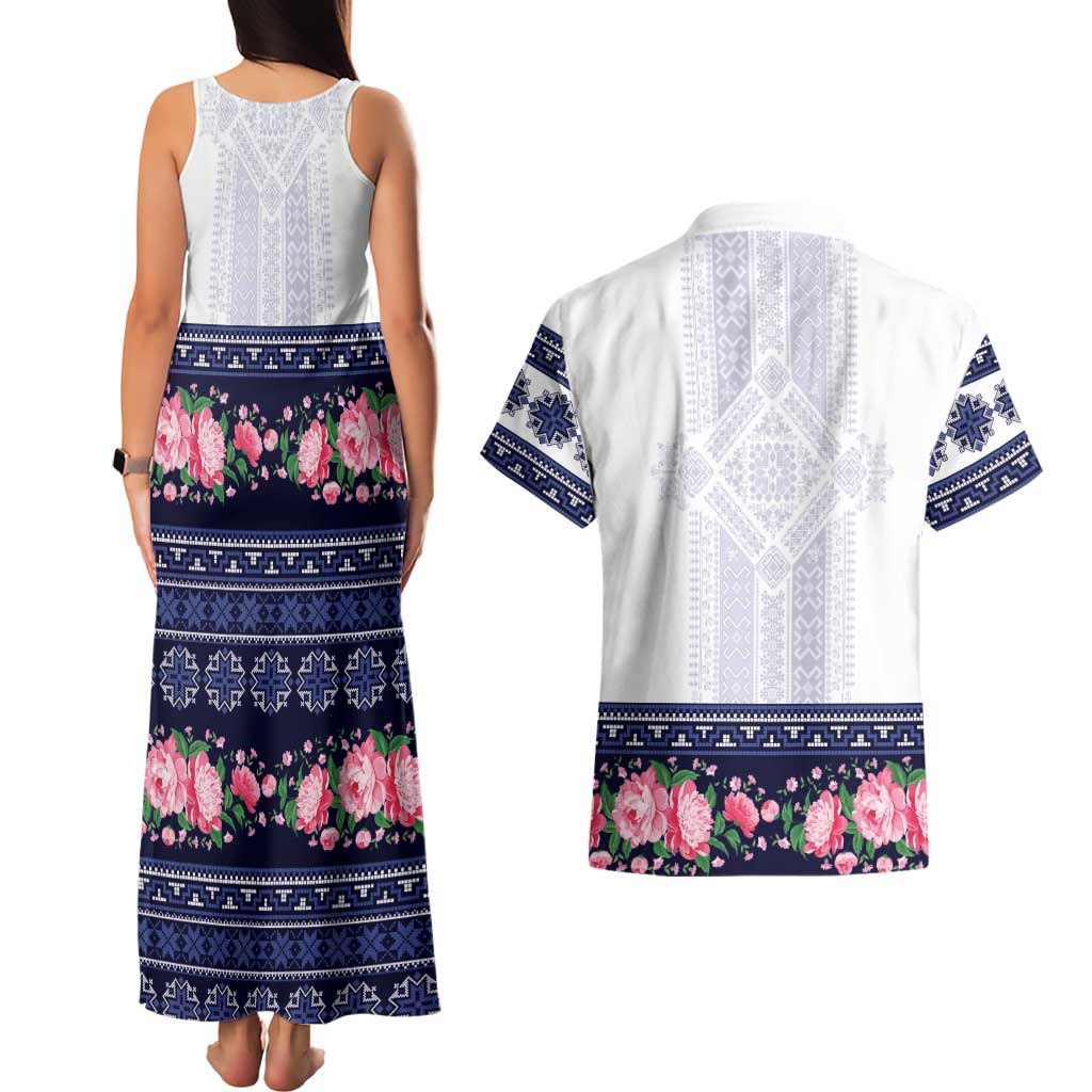 Navy Romanian National Costume Couples Matching Tank Maxi Dress and Hawaiian Shirt Peony Flowers Traditional Folk Pattern - Wonder Print Shop