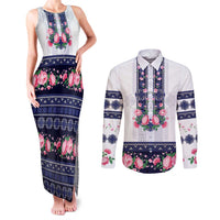 Navy Romanian National Costume Couples Matching Tank Maxi Dress and Long Sleeve Button Shirt Peony Flowers Traditional Folk Pattern - Wonder Print Shop