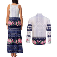 Navy Romanian National Costume Couples Matching Tank Maxi Dress and Long Sleeve Button Shirt Peony Flowers Traditional Folk Pattern - Wonder Print Shop