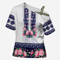 Navy Romanian National Costume Cross Shoulder Shirt Peony Flowers Traditional Folk Pattern - Wonder Print Shop