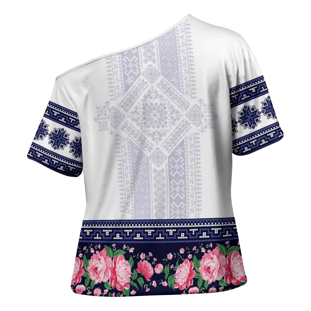 Navy Romanian National Costume Cross Shoulder Shirt Peony Flowers Traditional Folk Pattern - Wonder Print Shop