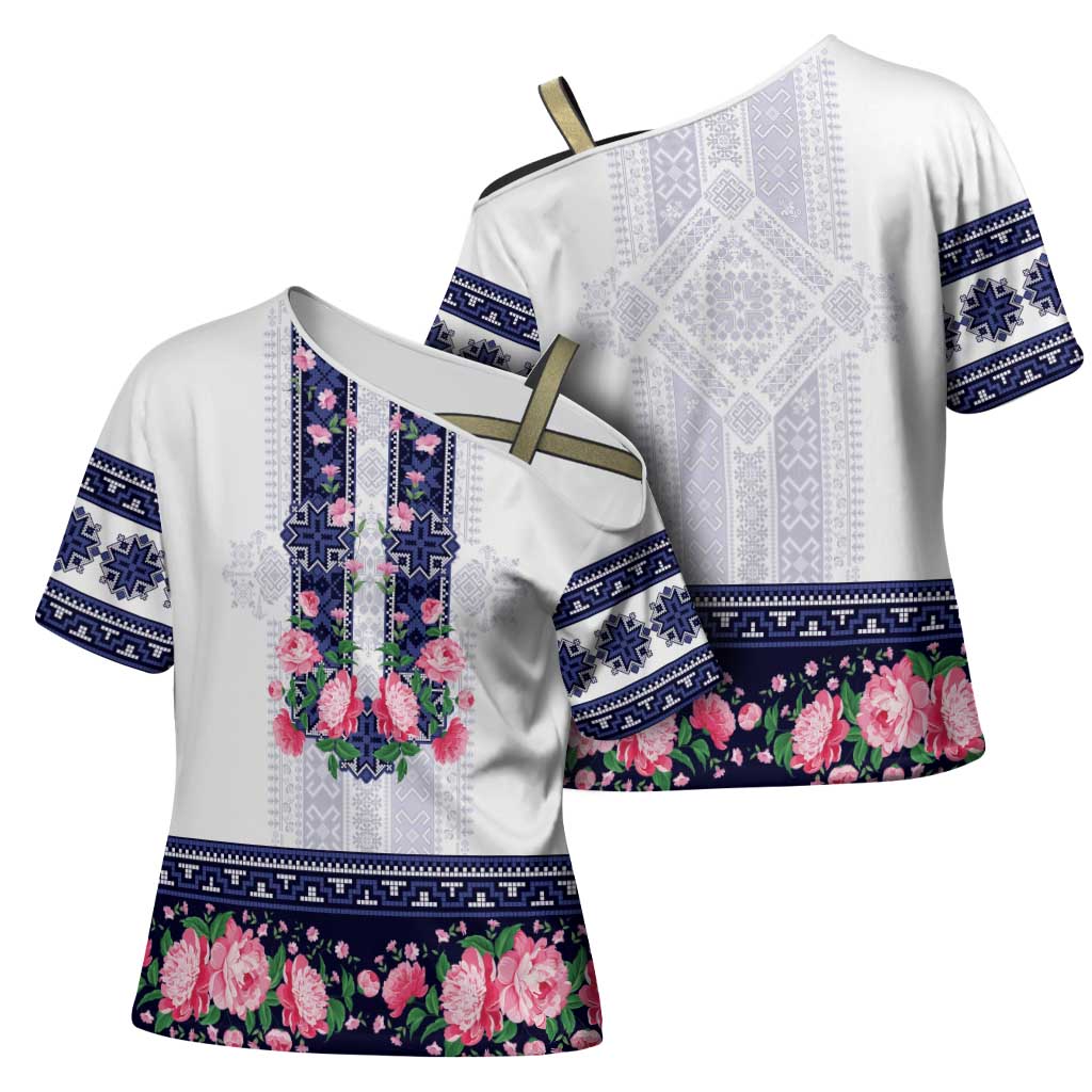 Navy Romanian National Costume Cross Shoulder Shirt Peony Flowers Traditional Folk Pattern - Wonder Print Shop