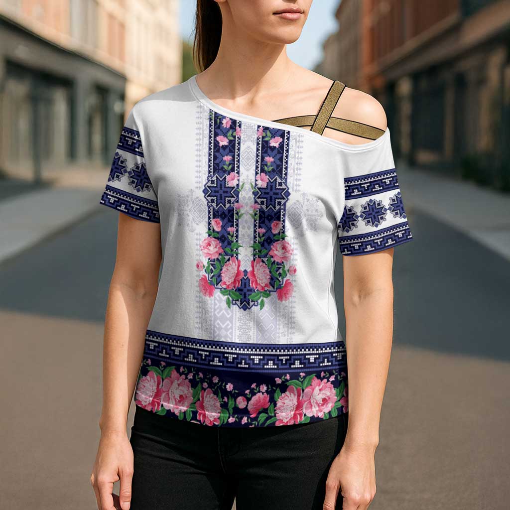 Navy Romanian National Costume Cross Shoulder Shirt Peony Flowers Traditional Folk Pattern - Wonder Print Shop