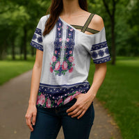 Navy Romanian National Costume Cross Shoulder Shirt Peony Flowers Traditional Folk Pattern - Wonder Print Shop