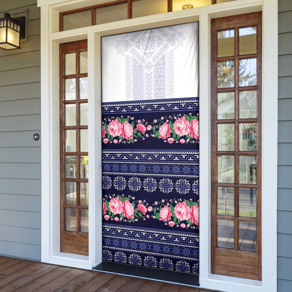 Navy Romanian National Costume Door Cover Peony Flowers Traditional Folk Pattern - Wonder Print Shop