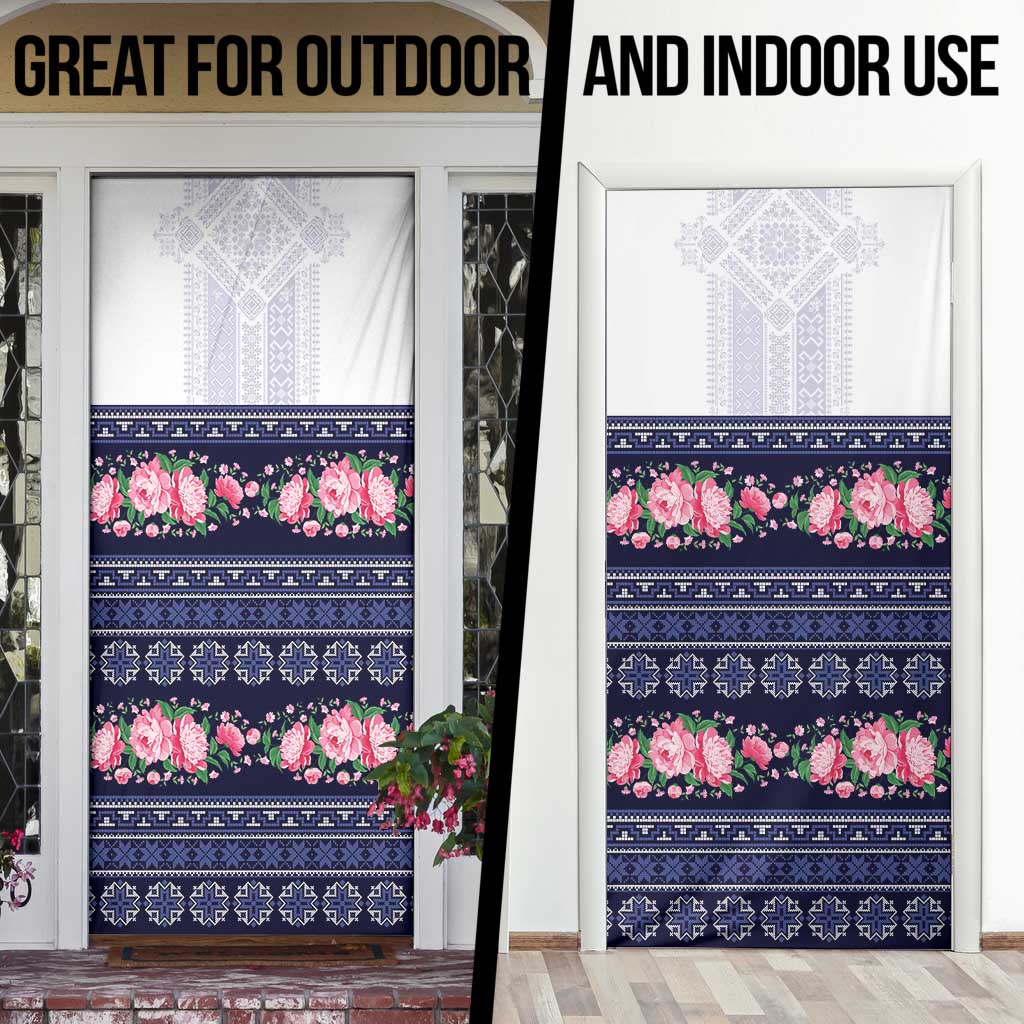Navy Romanian National Costume Door Cover Peony Flowers Traditional Folk Pattern - Wonder Print Shop