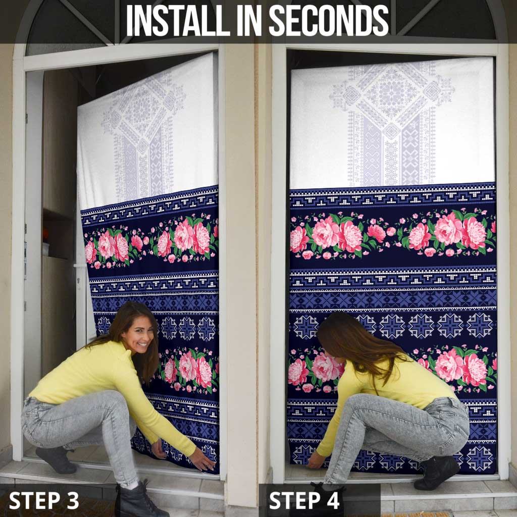 Navy Romanian National Costume Door Cover Peony Flowers Traditional Folk Pattern - Wonder Print Shop