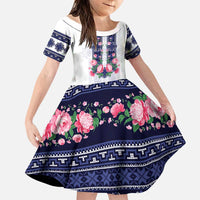 Navy Romanian National Costume Family Matching Long Sleeve Bodycon Dress and Hawaiian Shirt Peony Flowers Traditional Folk Pattern - Wonder Print Shop