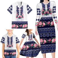Navy Romanian National Costume Family Matching Long Sleeve Bodycon Dress and Hawaiian Shirt Peony Flowers Traditional Folk Pattern - Wonder Print Shop