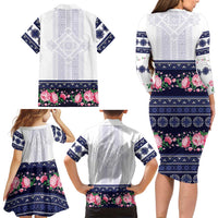 Navy Romanian National Costume Family Matching Long Sleeve Bodycon Dress and Hawaiian Shirt Peony Flowers Traditional Folk Pattern - Wonder Print Shop