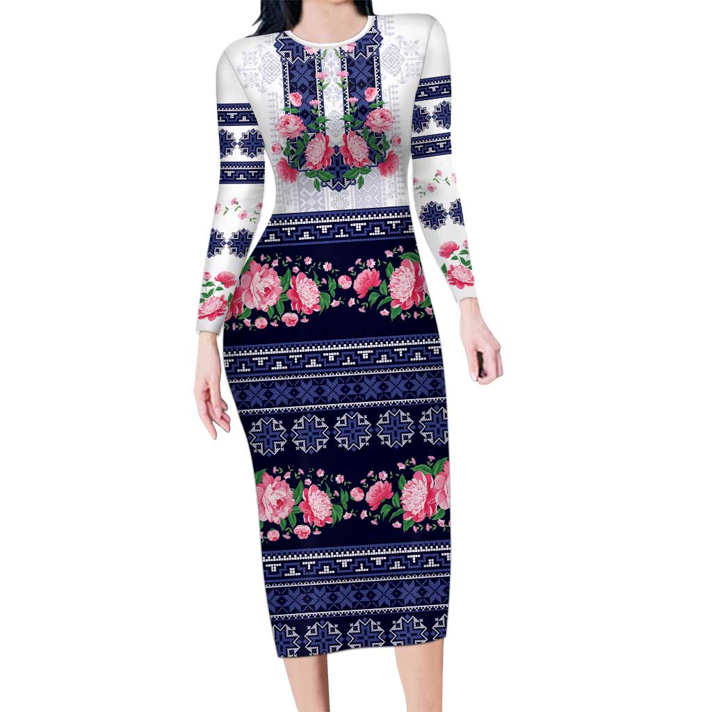 Navy Romanian National Costume Family Matching Long Sleeve Bodycon Dress and Hawaiian Shirt Peony Flowers Traditional Folk Pattern - Wonder Print Shop