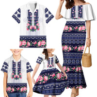 Navy Romanian National Costume Family Matching Mermaid Dress and Hawaiian Shirt Peony Flowers Traditional Folk Pattern - Wonder Print Shop