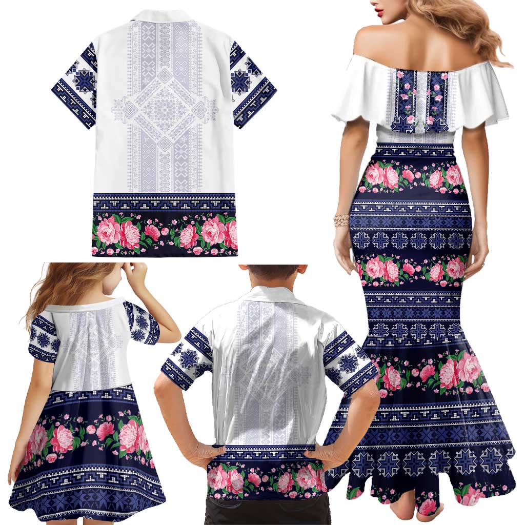 Navy Romanian National Costume Family Matching Mermaid Dress and Hawaiian Shirt Peony Flowers Traditional Folk Pattern - Wonder Print Shop