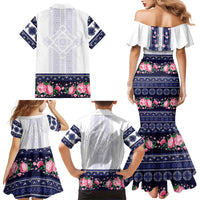 Navy Romanian National Costume Family Matching Mermaid Dress and Hawaiian Shirt Peony Flowers Traditional Folk Pattern - Wonder Print Shop