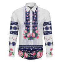 Navy Romanian National Costume Family Matching Mermaid Dress and Hawaiian Shirt Peony Flowers Traditional Folk Pattern - Wonder Print Shop
