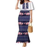 Navy Romanian National Costume Family Matching Mermaid Dress and Hawaiian Shirt Peony Flowers Traditional Folk Pattern - Wonder Print Shop