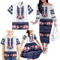 Navy Romanian National Costume Family Matching Off The Shoulder Long Sleeve Dress and Hawaiian Shirt Peony Flowers Traditional Folk Pattern - Wonder Print Shop