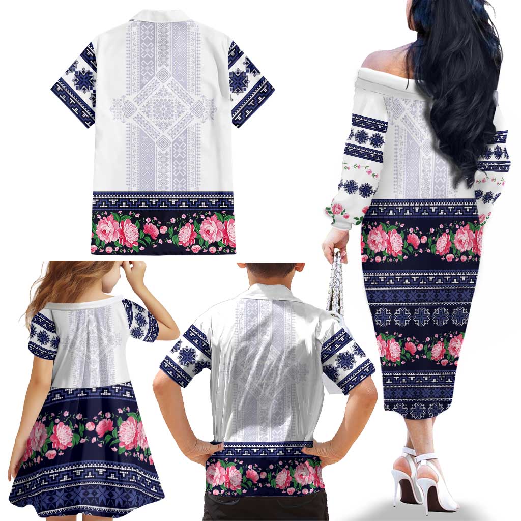 Navy Romanian National Costume Family Matching Off The Shoulder Long Sleeve Dress and Hawaiian Shirt Peony Flowers Traditional Folk Pattern - Wonder Print Shop