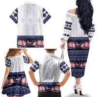 Navy Romanian National Costume Family Matching Off The Shoulder Long Sleeve Dress and Hawaiian Shirt Peony Flowers Traditional Folk Pattern - Wonder Print Shop