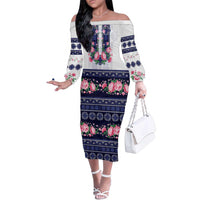 Navy Romanian National Costume Family Matching Off The Shoulder Long Sleeve Dress and Hawaiian Shirt Peony Flowers Traditional Folk Pattern - Wonder Print Shop