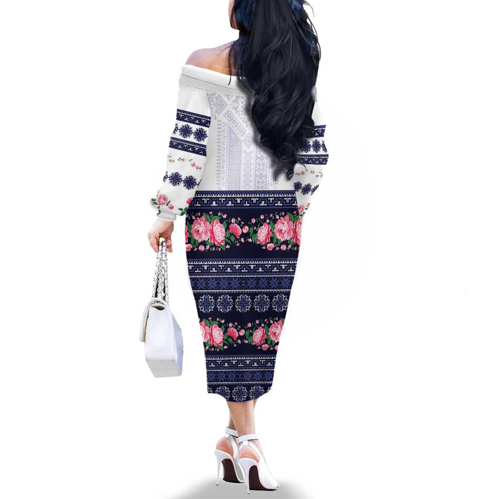 Navy Romanian National Costume Family Matching Off The Shoulder Long Sleeve Dress and Hawaiian Shirt Peony Flowers Traditional Folk Pattern - Wonder Print Shop