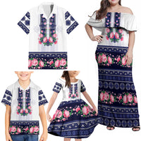 Navy Romanian National Costume Family Matching Off Shoulder Maxi Dress and Hawaiian Shirt Peony Flowers Traditional Folk Pattern - Wonder Print Shop