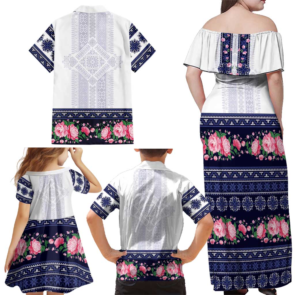 Navy Romanian National Costume Family Matching Off Shoulder Maxi Dress and Hawaiian Shirt Peony Flowers Traditional Folk Pattern - Wonder Print Shop