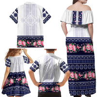 Navy Romanian National Costume Family Matching Off Shoulder Maxi Dress and Hawaiian Shirt Peony Flowers Traditional Folk Pattern - Wonder Print Shop