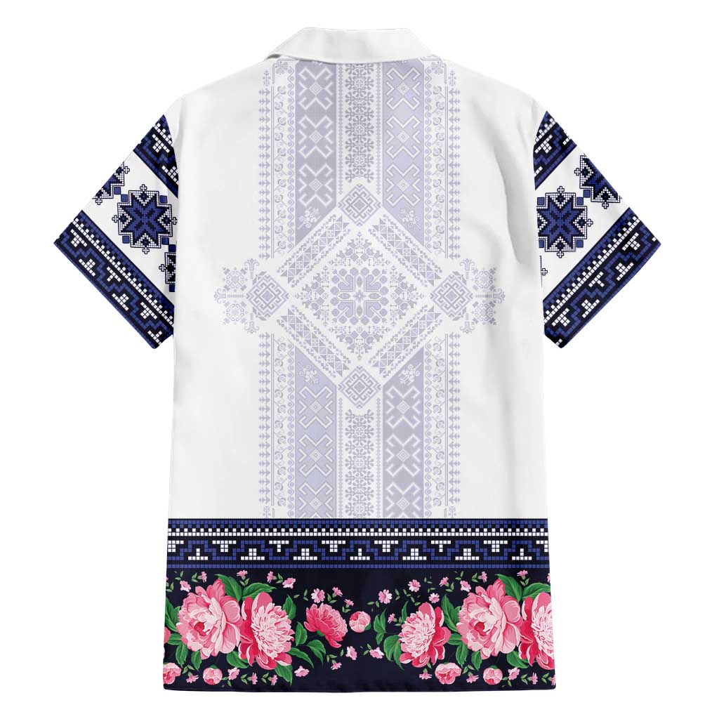 Navy Romanian National Costume Family Matching Off Shoulder Maxi Dress and Hawaiian Shirt Peony Flowers Traditional Folk Pattern - Wonder Print Shop