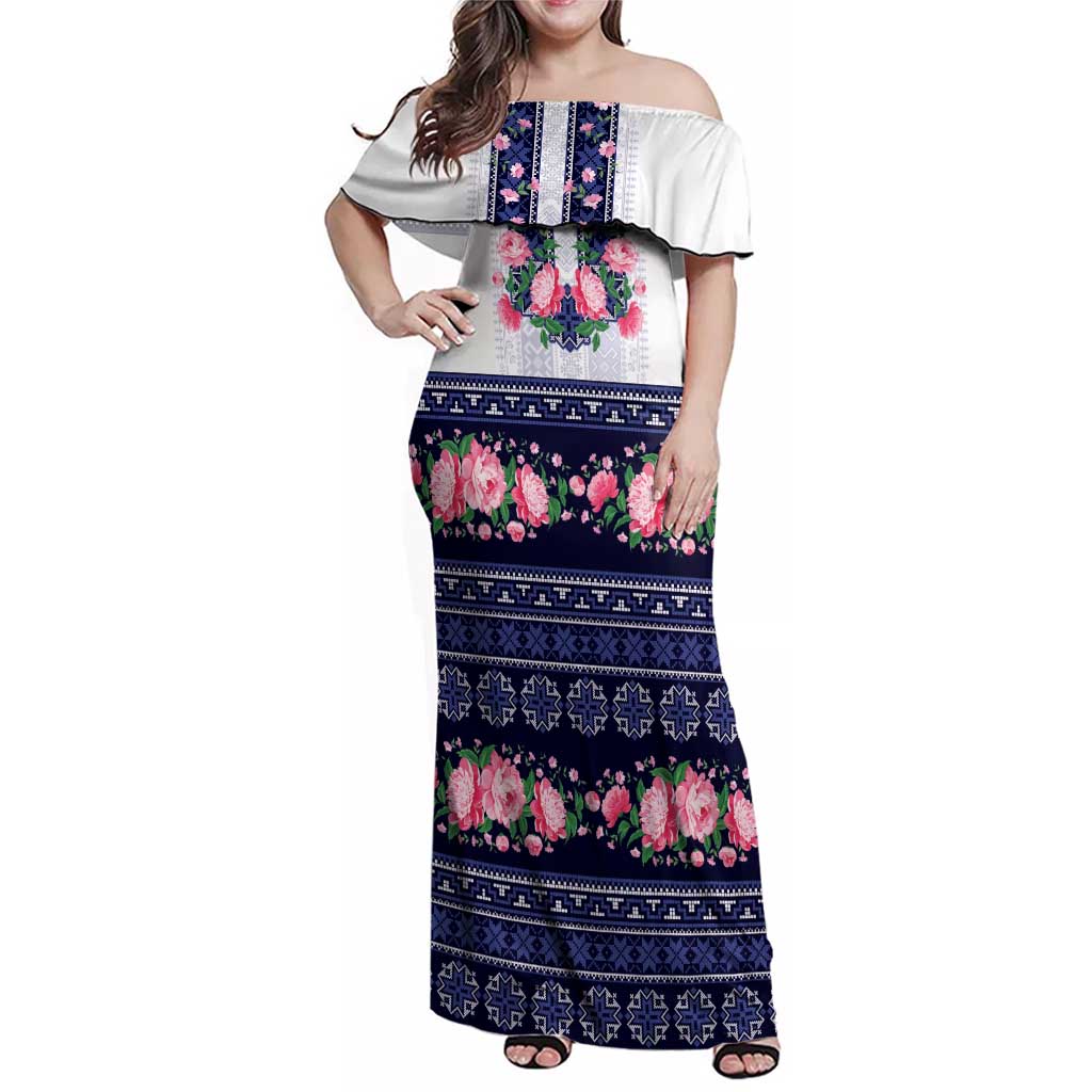 Navy Romanian National Costume Family Matching Off Shoulder Maxi Dress and Hawaiian Shirt Peony Flowers Traditional Folk Pattern - Wonder Print Shop