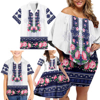 Navy Romanian National Costume Family Matching Off Shoulder Short Dress and Hawaiian Shirt Peony Flowers Traditional Folk Pattern - Wonder Print Shop