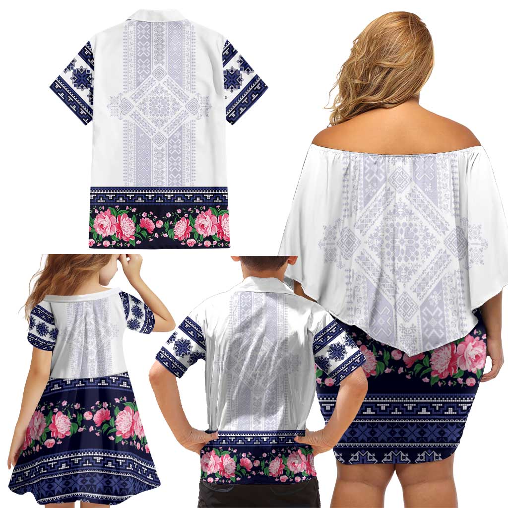 Navy Romanian National Costume Family Matching Off Shoulder Short Dress and Hawaiian Shirt Peony Flowers Traditional Folk Pattern - Wonder Print Shop