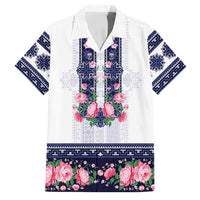 Navy Romanian National Costume Family Matching Off Shoulder Short Dress and Hawaiian Shirt Peony Flowers Traditional Folk Pattern - Wonder Print Shop