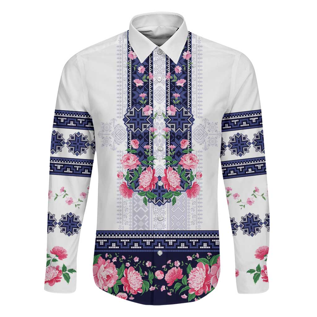 Navy Romanian National Costume Family Matching Off Shoulder Short Dress and Hawaiian Shirt Peony Flowers Traditional Folk Pattern - Wonder Print Shop