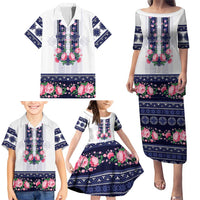 Navy Romanian National Costume Family Matching Puletasi and Hawaiian Shirt Peony Flowers Traditional Folk Pattern - Wonder Print Shop