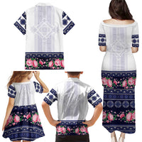 Navy Romanian National Costume Family Matching Puletasi and Hawaiian Shirt Peony Flowers Traditional Folk Pattern - Wonder Print Shop