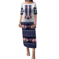Navy Romanian National Costume Family Matching Puletasi and Hawaiian Shirt Peony Flowers Traditional Folk Pattern - Wonder Print Shop