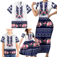 Navy Romanian National Costume Family Matching Short Sleeve Bodycon Dress and Hawaiian Shirt Peony Flowers Traditional Folk Pattern - Wonder Print Shop
