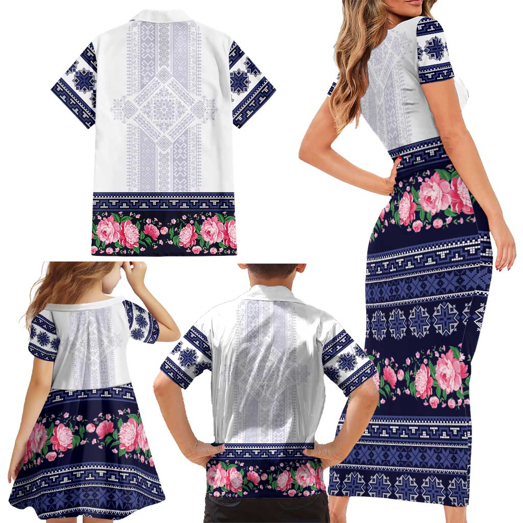 Navy Romanian National Costume Family Matching Short Sleeve Bodycon Dress and Hawaiian Shirt Peony Flowers Traditional Folk Pattern - Wonder Print Shop