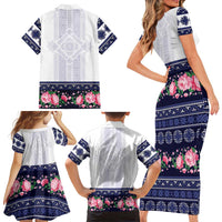 Navy Romanian National Costume Family Matching Short Sleeve Bodycon Dress and Hawaiian Shirt Peony Flowers Traditional Folk Pattern - Wonder Print Shop
