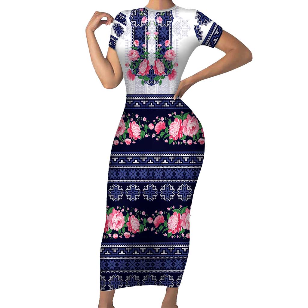 Navy Romanian National Costume Family Matching Short Sleeve Bodycon Dress and Hawaiian Shirt Peony Flowers Traditional Folk Pattern - Wonder Print Shop