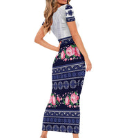 Navy Romanian National Costume Family Matching Short Sleeve Bodycon Dress and Hawaiian Shirt Peony Flowers Traditional Folk Pattern - Wonder Print Shop