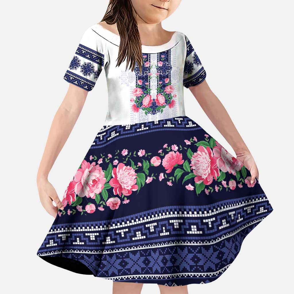 Navy Romanian National Costume Family Matching Summer Maxi Dress and Hawaiian Shirt Peony Flowers Traditional Folk Pattern - Wonder Print Shop