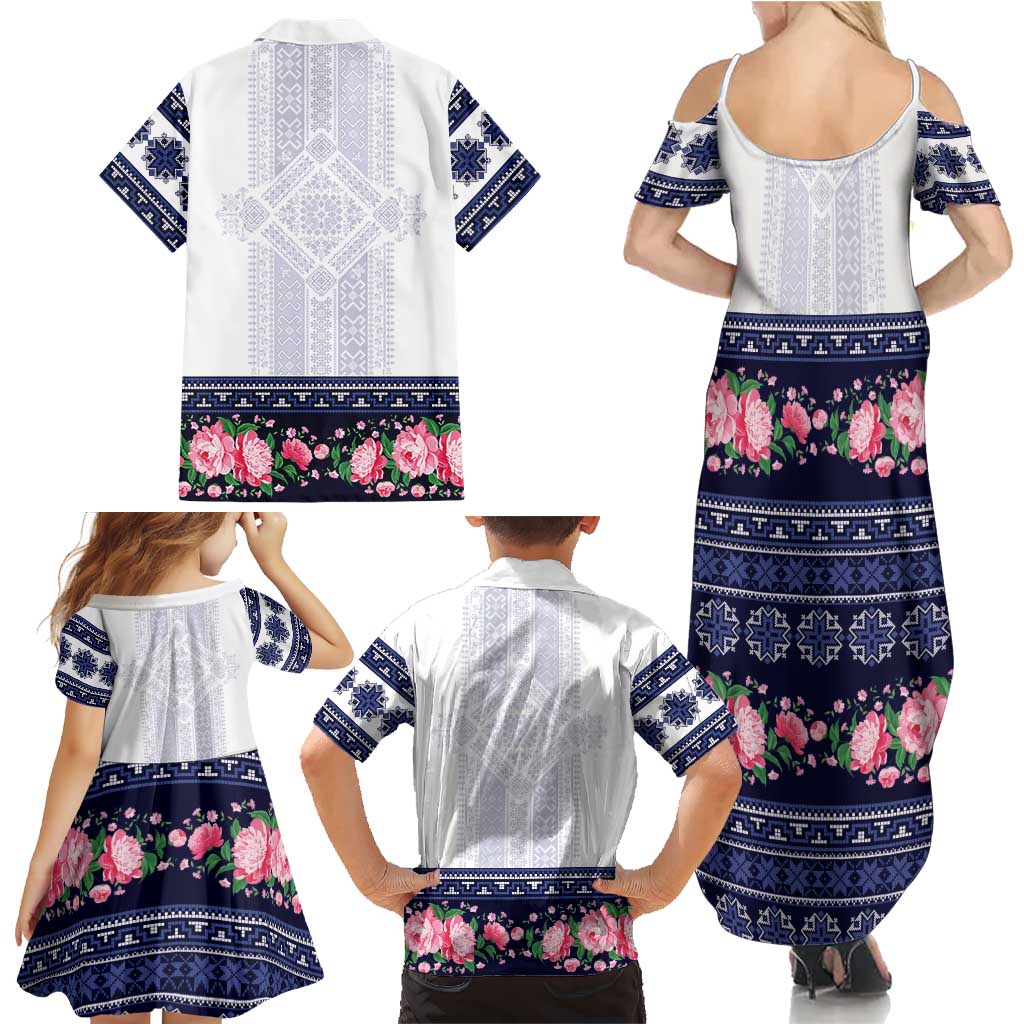 Navy Romanian National Costume Family Matching Summer Maxi Dress and Hawaiian Shirt Peony Flowers Traditional Folk Pattern - Wonder Print Shop